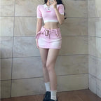 Pink Denim Low Waist Belt A-Line Skirt