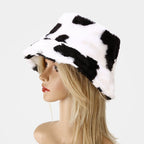 Cow Print Plush Bucket Hat Warm Soft Velvet Fishermen Cap Animal Print Winter Women E-Girl Kawaii Korean Japanese Harajuku Streetwear