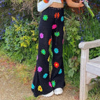 Cute Flower Knit Crochet Net Sheer Wide Leg Pants Long Boho Trousers Aesthetic Casual Summer E-Girl Kawaii Korean Japanese Harajuku