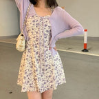 2PCS Purple Floral Spaghetti Strap Mini Dress + Cardigan