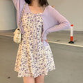 2PCS Purple Floral Spaghetti Strap Mini Dress + Cardigan