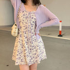 2PCS Purple Floral Spaghetti Strap Mini Dress + Cardigan