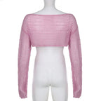 Pink Hollow Out Fishnet Long Sleeve Shirt