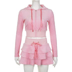 2PCS Pink Zipper Hoodie + Tiered Mini Skirt Set