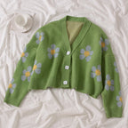 Cute Flower Preppy V Neck Loose Flower Knit Cardigan Sweater Korean Japanese Harajuku Chinese Streetwear Fashion