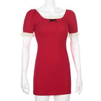 Cute Summer Square Neck Lace Patchwork Elegant Bodycon Short Sleeve Mini Dress Aesthetic Casual E-Girl Kawaii Korean Japanese Harajuku