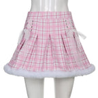 Cute Pink Plaid Feather Lace Up Pleated High Waist A-line Mini Skirt Summer Aesthetic Casual E-Girl Kawaii Korean Japanese Harajuku