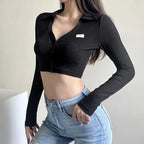 Black Knit V Neck Long Sleeve Crop Top