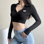 Black Knit V Neck Long Sleeve Crop Top