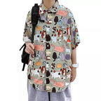 Cute Vintage Unisex Cat Cartoon Print Loose Short Sleeve Shirt Button Up Aesthetic Casual Summer E-Girl Kawaii Korean Japanese Harajuku
