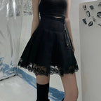 Cute White Black Chain Lace High Waist A-line Pleated Skirt Summer Aesthetic Casual E-Girl Kawaii Korean Japanese Harajuku