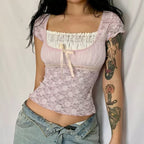 Cute Sweet Pink Lace Trim Short Sleeve Shirt Crop Top Summer Aesthetic Casual E-Girl Kawaii Korean Japanese Harajuku