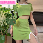 Cute Green Ribbed 2PCS Set Square Collar Puff Sleeve Lace Short Sleeve Crop Top Skirt Summer Party E-Girl Kawaii Korean Japanese Harajuku Streetwear