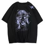 Cute White Elf Anime Girl Cartoon Print Short Sleeve T-shirt Top Oversize Loose Goth Punk Aesthetic E-Girl Kawaii Korean Japanese Harajuku Streetwear