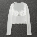 White Lace Trim Mesh Square Neck Long Sleeve Shirt