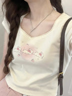 Rabbit Kitten Lace Trim Short Sleeve T-shirt