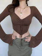 Brown Drawstring Long Sleeve Flare Crop Top