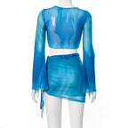 2PCS Tie Dye V Neck Mesh Top + Mini Skirt