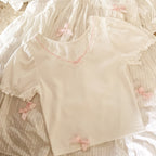 Lace Trim Bow V Neck Puff Short Sleeve Shirt