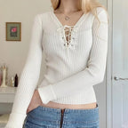 White Knit V Neck Long Sleeve Shirt