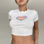 White Vintage Trouble Heart Graphic Print Short Sleeve Shirt Crop Top Summer Aesthetic Casual E-Girl Kawaii Korean Japanese Harajuku