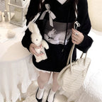 Black Rabbit Bow Loose Hoodie