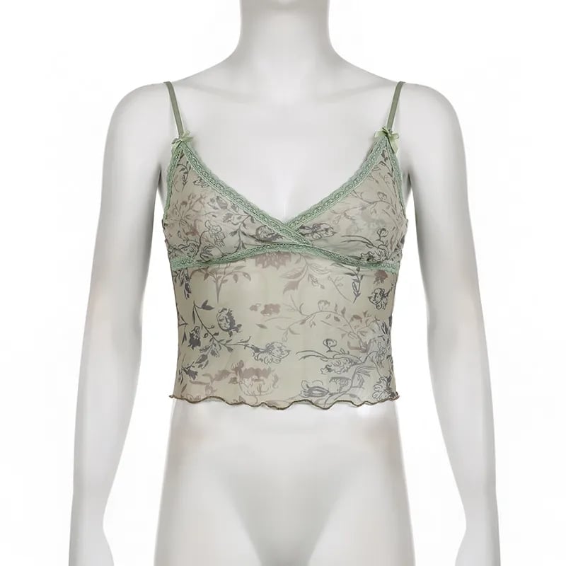 Floral Print Lace Trim Mesh Crop Top
