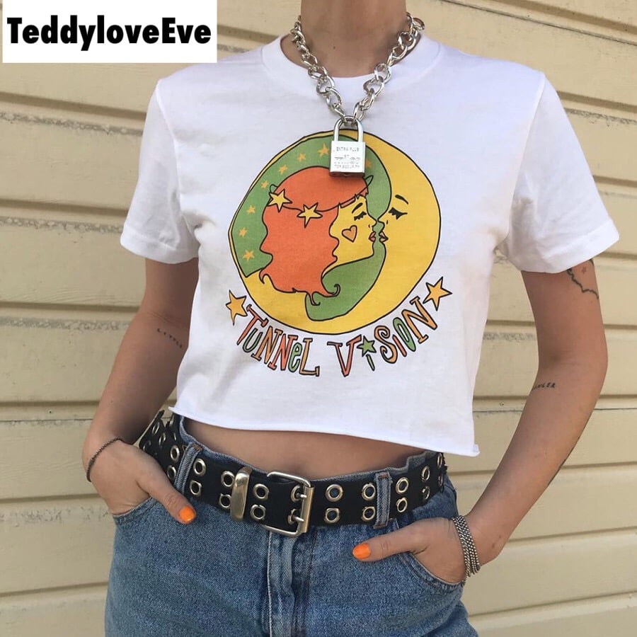 Cute White Girl Cartoon Moon Star Casual Crop Short Sleeve Shirt Tee T-shirt E-Girl Kawaii Korean Japanese Harajuku Chinese Retro Streetwear Aesthetic