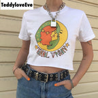 Cute White Girl Cartoon Moon Star Casual Crop Short Sleeve Shirt Tee T-shirt E-Girl Kawaii Korean Japanese Harajuku Chinese Retro Streetwear Aesthetic