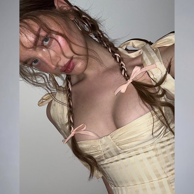 Sweet Yellow Bow Lace Up Satin Top