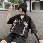 Dragon Embroidery Vintage Black Blouse Button Down Casual Loose Short Sleeve Tee Shirt T-shirt Top E-Girl Kawaii Korean Japanese Harajuku Streetwear