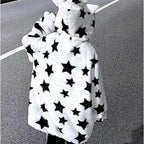 3D Star Ear Print Plush Hood Jacket