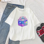 Cute Japanese Galaxy Milk Carton Print Graphic Casual Short Sleeve Shirt Tee T-shirt E-Girl Kawaii Korean Japanese Harajuku Retro Streetwear Aesthetic