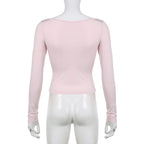 Sweet Lace Up Slash Neck Long Sleeve Shirt