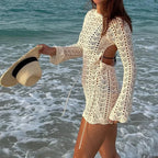 Blue Beach Backless Crochet Long Sleeve Dress