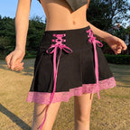 Cute Vintage Lace Trim Ribbon Bow Tie Up Pleated High Waisted Skirt Punk Goth E-Girl Kawaii Korean Japanese Harajuku Streetwear