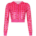 Cute Pink Heart Print Velvet Tracksuit Set Long Sleeve Cropped Hoodie + Sweatpants Aesthetic Casual Summer E-Girl Kawaii Korean Japanese Harajuku