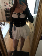 2PCS Long Sleeve Square Collar Top + Mini Tierred Ruffle Skirt