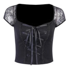 Black Bandage Ribbon Bow Lace Crop Top