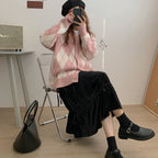 Pink Argyle V Neck Sweater