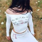 Girly Girl Print One Shoulder Long Sleeve Crop Top
