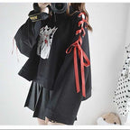 Cute Vintage Anime Fox Print Lace Up Long Sleeve Shirt Hoodie Sweatshirt Top Punk Goth E-Girl Kawaii Korean Japanese Harajuku Streetwear