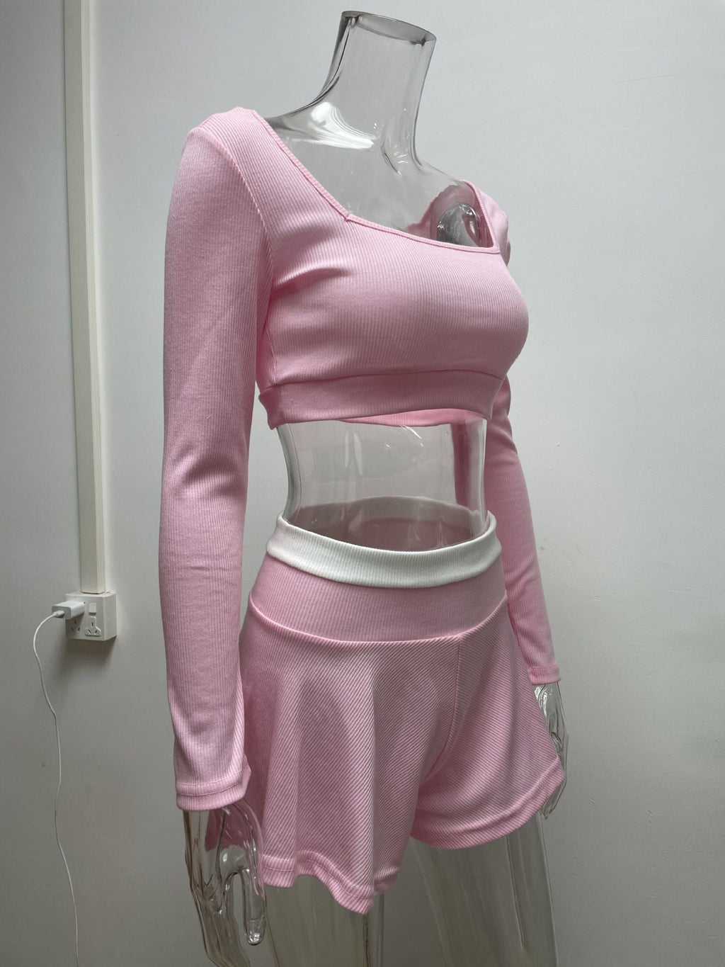 2PCS Pink Patchwork Long Sleeve Shirt + Shorts