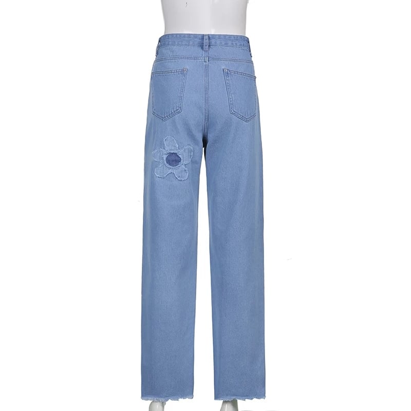 Cute Vintage Floral Patchwork Blue Denim High Waisted Jeans Pants Trouser Aesthetic Casual Summer E-Girl Kawaii Korean Japanese Harajuku