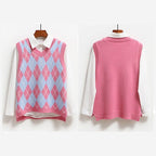 Cute Argyle V Neck Sleeveless Vest Knit Sweater Pullover Jumper Tank Top Autumn Aesthetic E-Girl Kawaii Korean Japanese Harajuku Streetwear