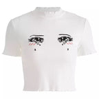 Cute Anime Girl Crying Eye Embroidery White Ribbed Crop Top Short Sleeve Shirt T-shirt Summer Casual E-Girl Kawaii Korean Japanese Harajuku Streetwear