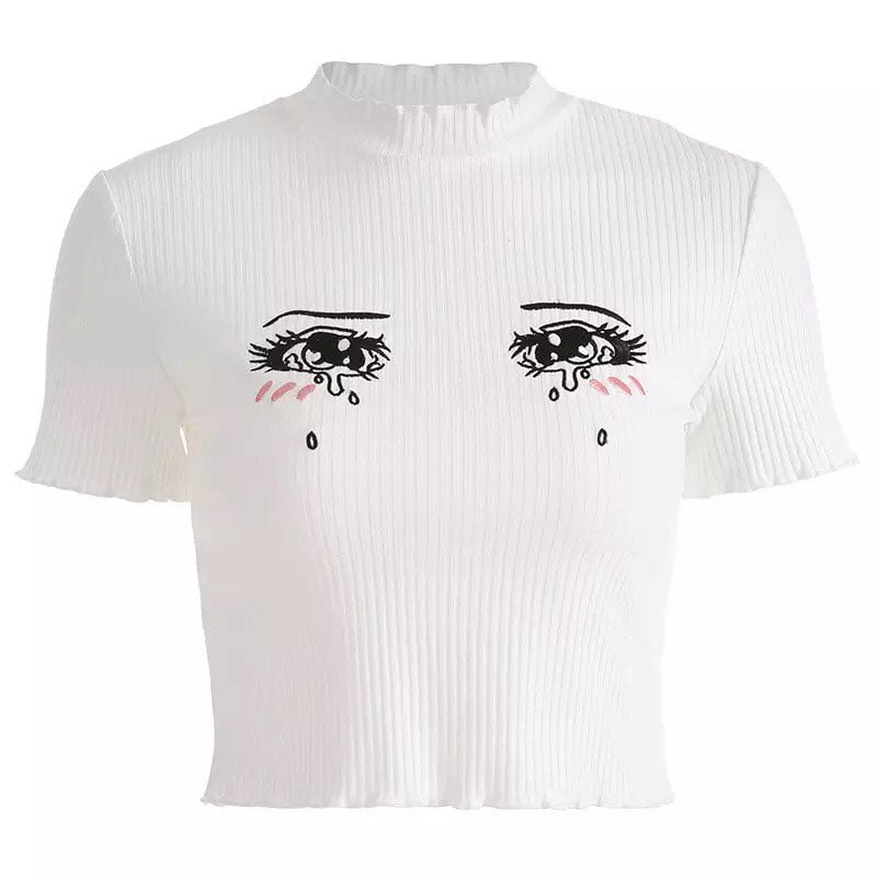 Cute Anime Girl Crying Eye Embroidery White Ribbed Crop Top Short Sleeve Shirt T-shirt Summer Casual E-Girl Kawaii Korean Japanese Harajuku Streetwear
