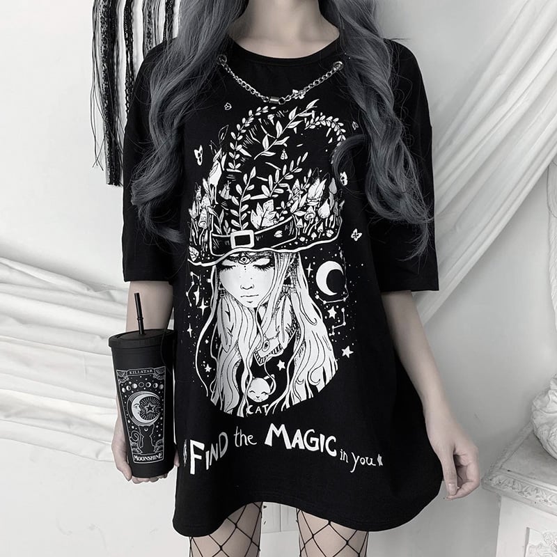 Black Goth Vintage Magic Witch Print Loose Oversized Short Sleeve Short T-shirt Top Causal Punk E-Girl Kawaii Korean Japanese Harajuku Streetwear