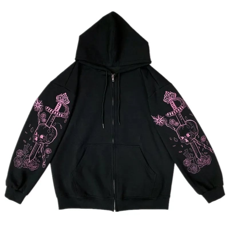 Black Skull Sword Print Zip Up Hoodie