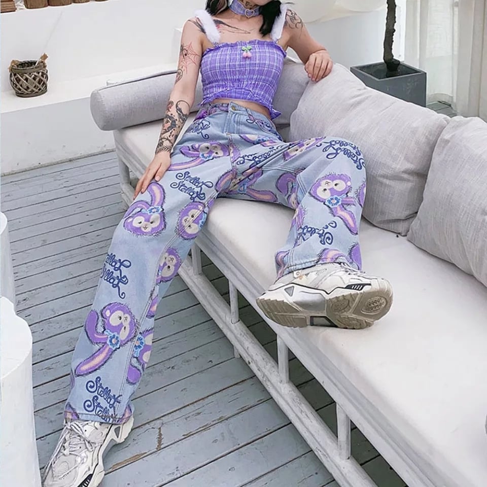Cute Bunny Rabbit Cartoon Print High Waisted Denim Long Wide Leg Jeans Pants Trouser Aesthetic Casual Summer E-Girl Kawaii Korean Japanese Harajuku